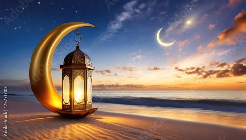 Shiny golden crescent moon with star lantern and Arabic lantern on sea beach 