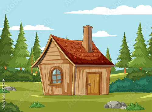 Quaint wooden cabin surrounded by pine trees