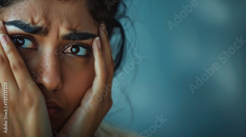 Intense close-up of an apprehensive Indian woman experiencing harassment, isolated, copy space, 