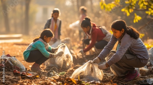 children collecting garbage in the community Demonstrate volunteer spirit and cooperation in solving problems