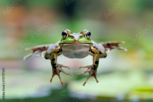 A detailed view of a frog with its eyes wide open, showcasing its vibrant green skin and intricate features