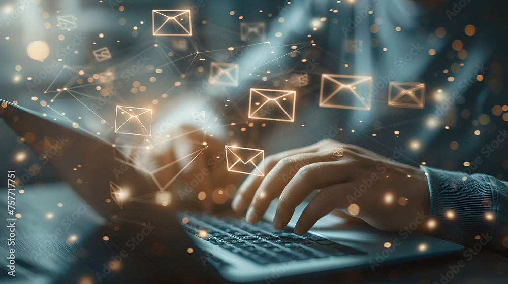 Email Marketing Concept: Company Sending Many E-mails, Boost Your Business Outreach and Engagement with Effective Email Strategies, Generative AI - obrazy, fototapety, plakaty 