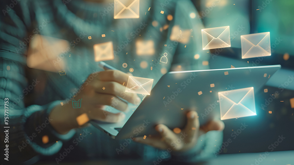 Email Marketing Concept: Company Sending Many E-mails, Boost Your Business Outreach and Engagement with Effective Email Strategies, Generative AI - obrazy, fototapety, plakaty 