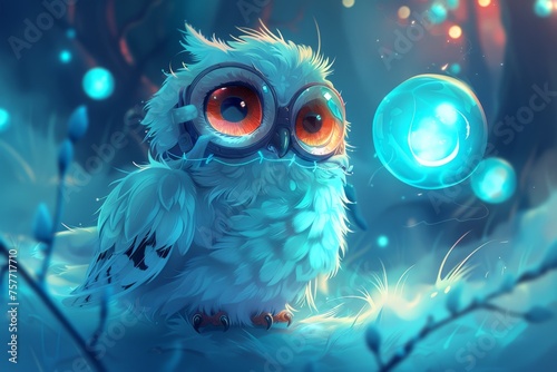 A cartoon owl with glowing orange eyes and goggles uses a glowing orb to create a holographic bridge between two floating orbs in a magical sci-fi setting.