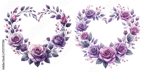 Purple rose heart-shaped wreath watercolor illustration material set
