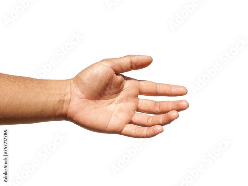 Male hands extended forward to shake hands or grab something on white background business concept.