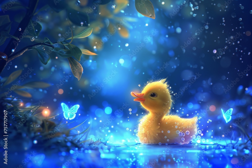A cheerful yellow duckling delights in a forest clearing, chasing holographic butterflies under wispy trees with glowing leaves bathed in soft blue light, evoking wonder in a blue sci-fi setting. A cheerful yellow duckling delights in a forest clearing, chasing holographic butterflies under wispy trees with glowing leaves bathed in soft blue light, evoking wonder in a blue sci-fi setting.
