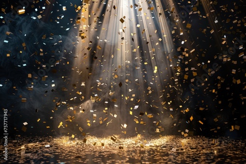 A stage illuminated by a spotlight with confetti falling from above  creating a festive atmosphere