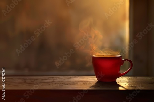 A red cup of coffee sitting on top of a wooden table, showcasing a simple and classic setting