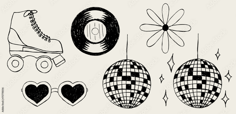 Paquete de ilustraciones retro dibujadas a mano.  Ilustraciones disco para diseñar invitaciones, guarda la fecha, papelería, publicaciones. Vector de bola disco, patin, disco de vinilo. 