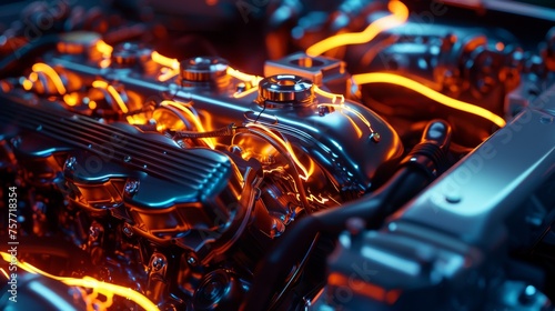 Close up of neon lights illuminating car engine parts showcasing futuristic auto tech