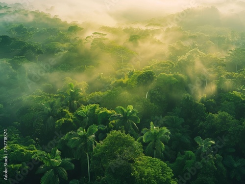 Dense rainforest canopy view from above vibrant wildlife and lush greenery in morning mist