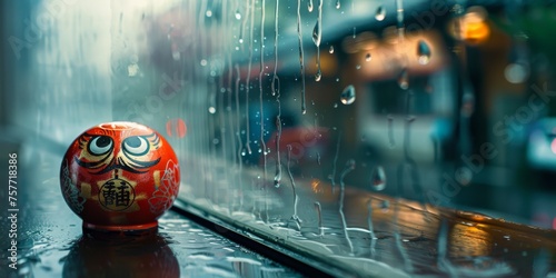 A somber Daruma doll in a reflective pose under a rain drenched window