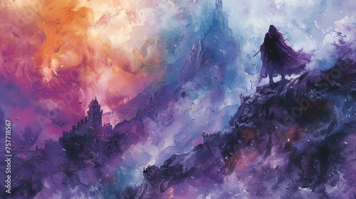 Mystical Castle Shrouded in Purple and Pink Hues of a Fantasy Landscape Painting 