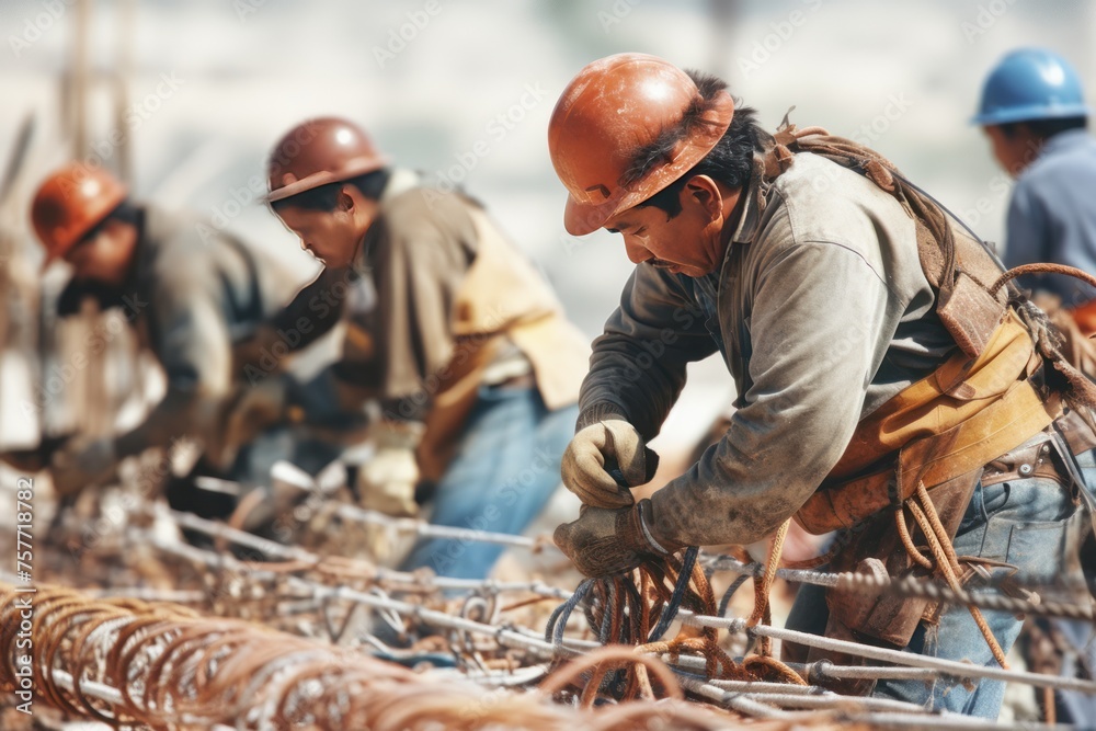 construction workers tying rebar. Using the correct tying technique (Refers to expertise) construction workers tying rebar. Using the correct tying technique (Refers to expertise)
