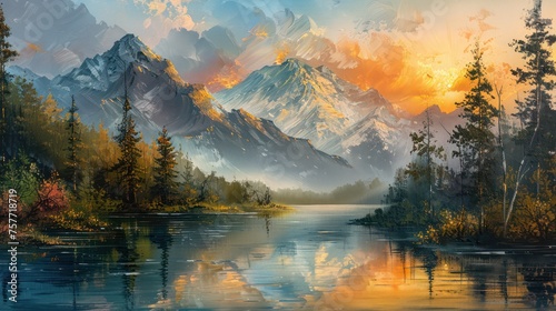A stunning painting of mountains and rivers a forest  perfect for wall art and wallpaper