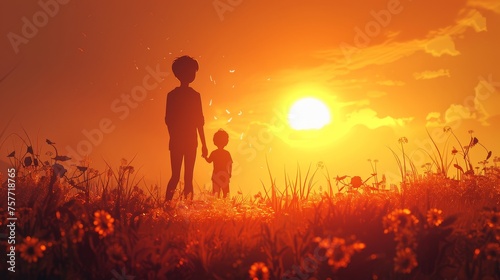 Father and Child Enjoying a Stunning Sunset Together in a Blooming Meadow