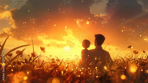 Peaceful Moment as Father and Son Watch the Sunset Surrounded by Wildflowers 
