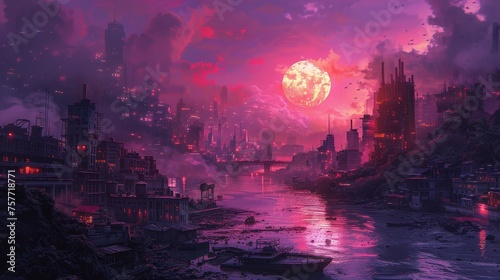 Cityscape with a Crimson Moon Illuminating the Ruins of Civilization © Sippung