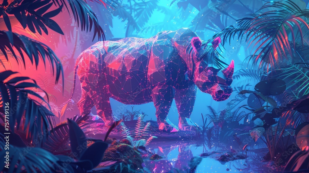 Holographic Rhinoceros in a Mystical Neon Jungle with Ethereal Blue and Pink Light
