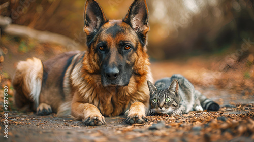 German Shepherd Dog and Cat Together - Domestic Pets Bonding in Harmony, Canine and Feline Friendship, Animal Companionship in Home Environment, Pet Love Illustration, Generative AI