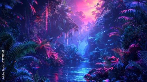 Surreal Fantasy Jungle with Luminous Foliage and Magical River at Twilight 