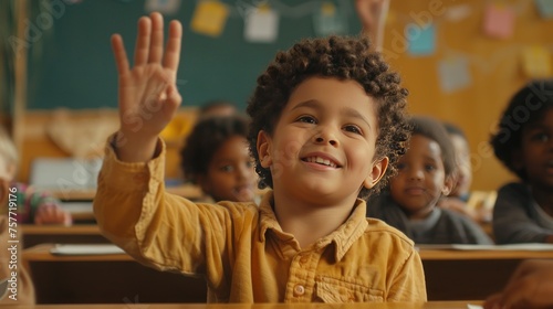 Excited Elementary School Teacher Asking a Diverse Class of Children a Mathematical Question. Smart Boy Raising His Hand while Sitting Behind a Desk and Providing a Correct Educated Answer 