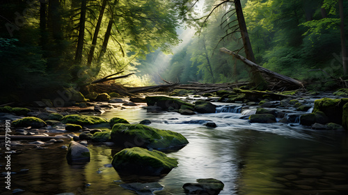 Unspoiled Serenity: A Photograph Capturing a Scenic Forest Creek Bathed in Soft Sunlight photo