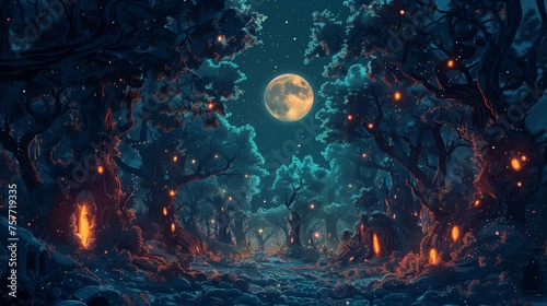 Enchanted Forest Pathway Under a Full Moon with Mystical Creatures and Fireflies 
