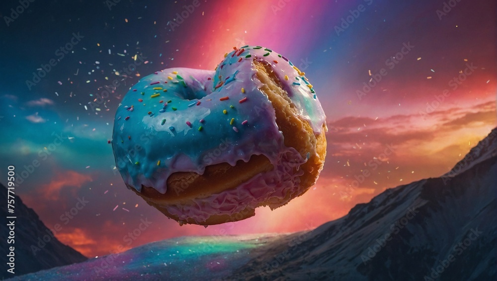 a donut coated with an iridescent glossy glaze that mirrors a pastel rainbow with swirls of ethereal pastel nebulas covered in colorful sprinkles - obrazy, fototapety, plakaty 