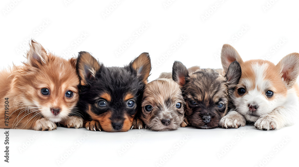 Group of Cute Pets on White Background - Banner Design with Adorable Dog, Cat, and Rabbit, Pet Care and Adoption Concept, Happy Animals in High Resolution, Generative AI

