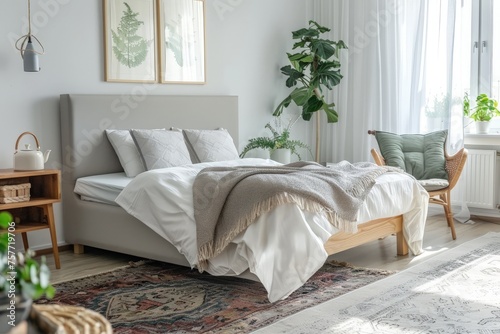 A bedroom featuring a cozy bed with pillows and a soft rug on the floor © pham