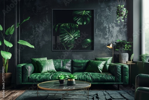 A living room abundantly decorated with green furniture and numerous plants, creating a lush and vibrant atmosphere