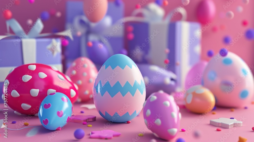 An assortment of Easter eggs and small gifts. 3d, cartoon-like, colorful pink purple, dreamy and child-like, fun, beautiful. -