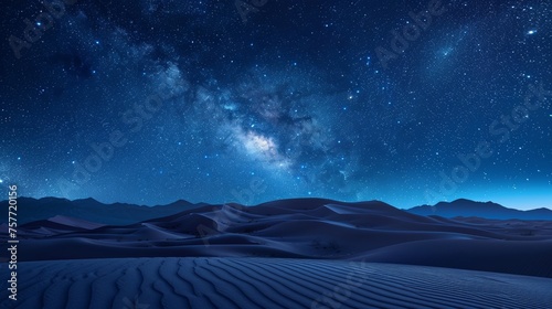 Sapphire star desert with a night sky so clear the stars look like sapphires scattered across a vast tranquil desert landscape photo