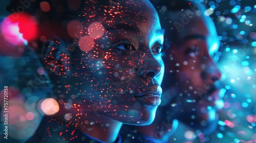 an 8K image of Cyber Black male and female scientists in a futuristic Galaxy. Hypnotic, Super-resolution, High resolution, © Chhayny