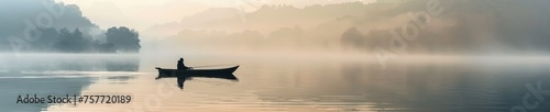 Serene lake fishing scene at dawn with a lone fisherman in a boat surrounded by calm waters and a misty peaceful landscape