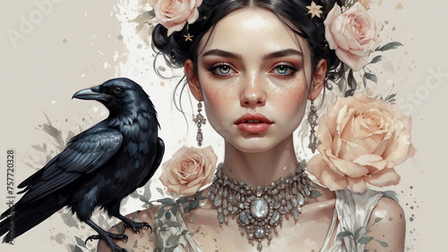Fototapeta Elegant girl with raven, fantasy watercolor art