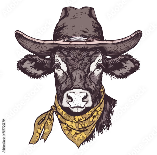 Cattle Head wearing wearing cowboy hat and bandana around neck