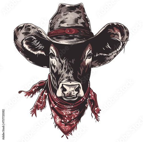 Cattle Head wearing wearing cowboy hat and bandana around neck