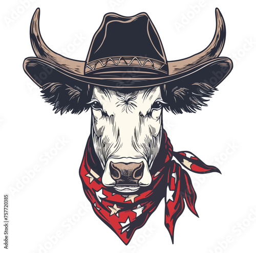 Cattle Head wearing wearing cowboy hat and bandana around neck