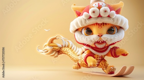 auspicious Chinese dragon flying, below the dragon is munchkin kitten in ski gear that is yellow 