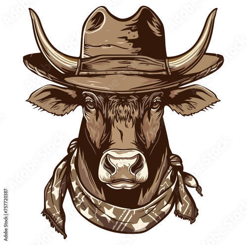 Cattle Head wearing wearing cowboy hat and bandana around neck