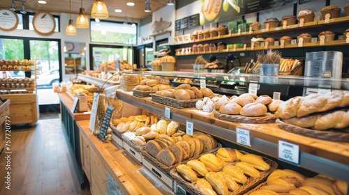 Bright and modern bakery shop interior displaying a vast selection of bread, from baguettes to whole grain loaves, under warm pendant lighting.