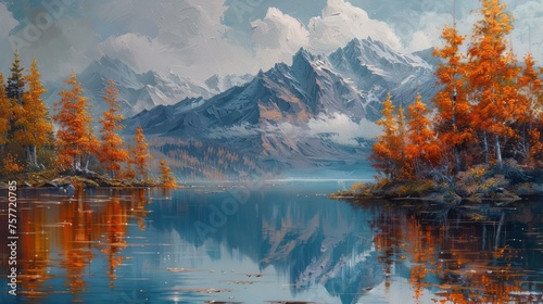 A beautiful mountain landscape rendered in oil paint.