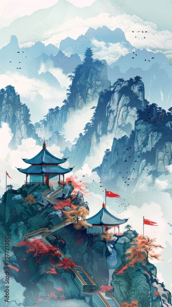 Chinese landscape painting, blue mountains in the distance, Chinese style architecture on top of mountain, light gray and dark brown, colorful