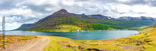 Panoramic with lagoon and fjords in East Iceland, near Seydisfjordur with dramatic sky and green meadow hills. Beautiful Icelandic landscape, huge cliff, ocean, and rock in moss