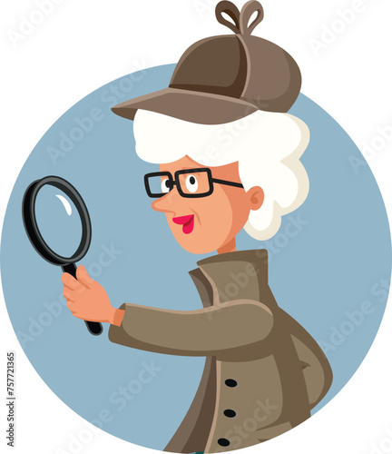 Senior Detective Granny Holding a Magnifier Looking for Clues Character. Retro inspector searching for evidence of a mysterious crime 

