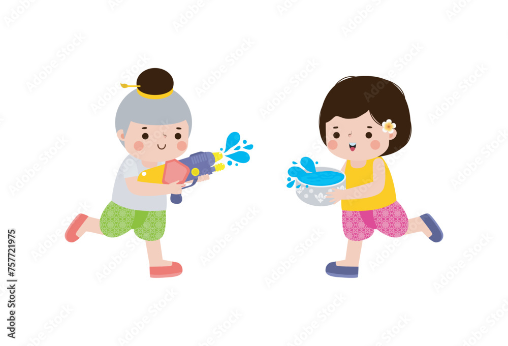 Songkran festival kids thai Traditional enjoy splashing water Thailand New Year Day Vector Illustration template Thailand concept on white background Songkran festival kids thai Traditional enjoy splashing water Thailand New Year Day Vector Illustration template Thailand concept on white background