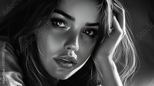 a beautiful black and white drawing of girl  in the style of detailed perfection  digital art wonders  digital art techniques  anatoly metlan 